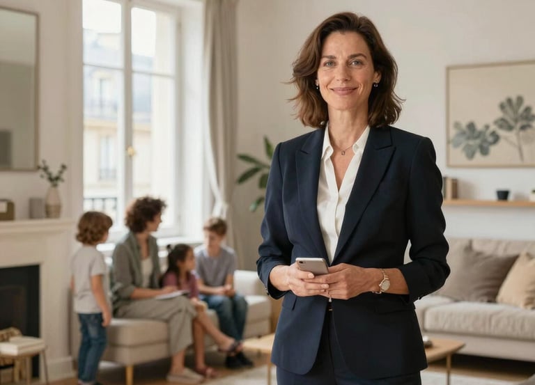 A friendly real estate agent discussing options with clients in a cozy office.