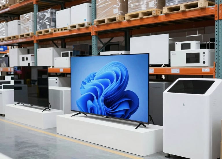 A professional warehouse with organized shelves of electronics ready for shipment.