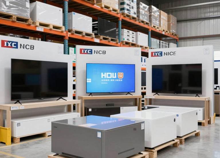 A professional warehouse with stacked electronics ready for shipment.