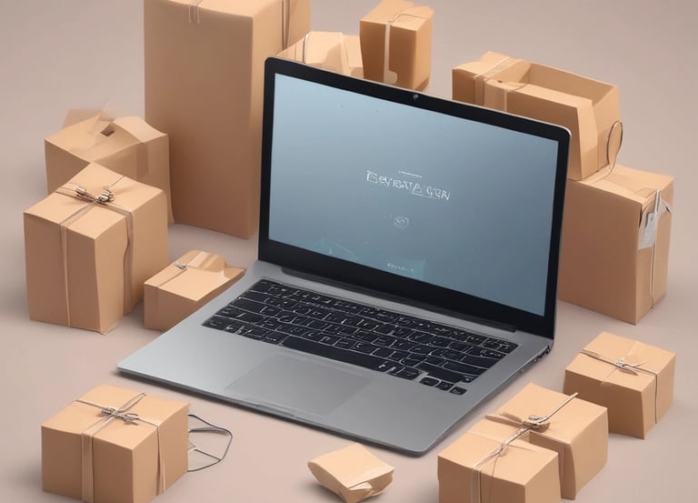 A cozy workspace with three labeled boxes representing Essentiel, Confort, and Premium packages.