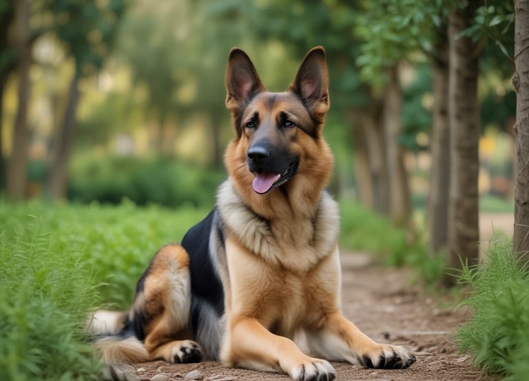 A professional dog trainer gently guiding a happy dog during a training session outdoors.