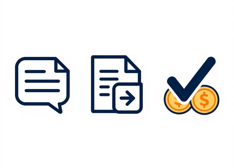 Illustration of three numbered steps with icons representing consultation, offers, and savings.