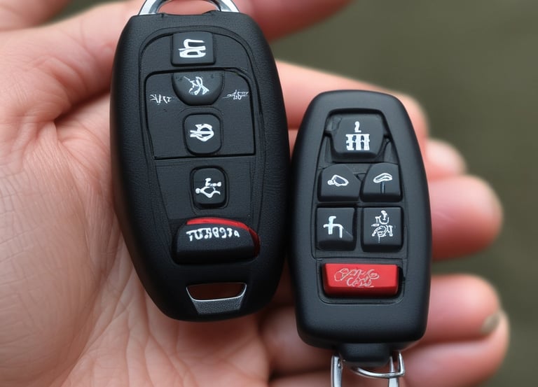 A locksmith carefully cutting a car key with precision tools in a mobile service van.