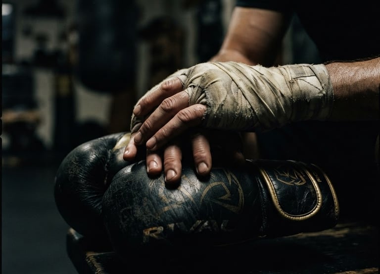 Cinematic low-key sports photography of wrapped hands resting on black leather boxing gloves, dramatic side-lighting carving out texture, deep shadows, desaturated tones with gold highlights, 35mm lens.