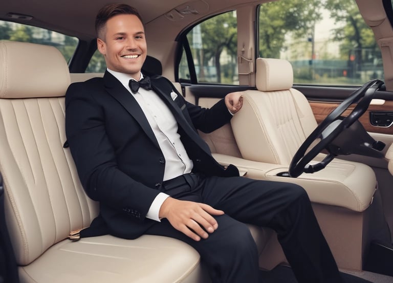 A friendly driver handing over a payment device to a smiling passenger inside a clean vehicle.