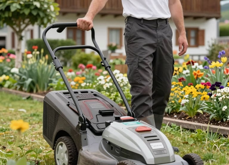 A gardener backwards pruning a lush green shrub in a sunny backyard garden.