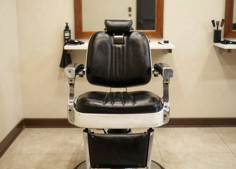 A cozy barbershop interior with vintage chairs and warm lighting.