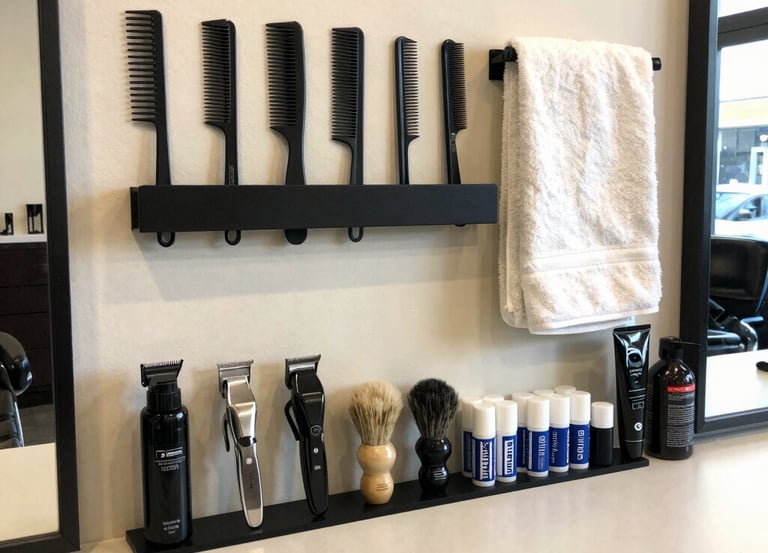 A cozy salon corner with neatly arranged styling tools and fresh towels.