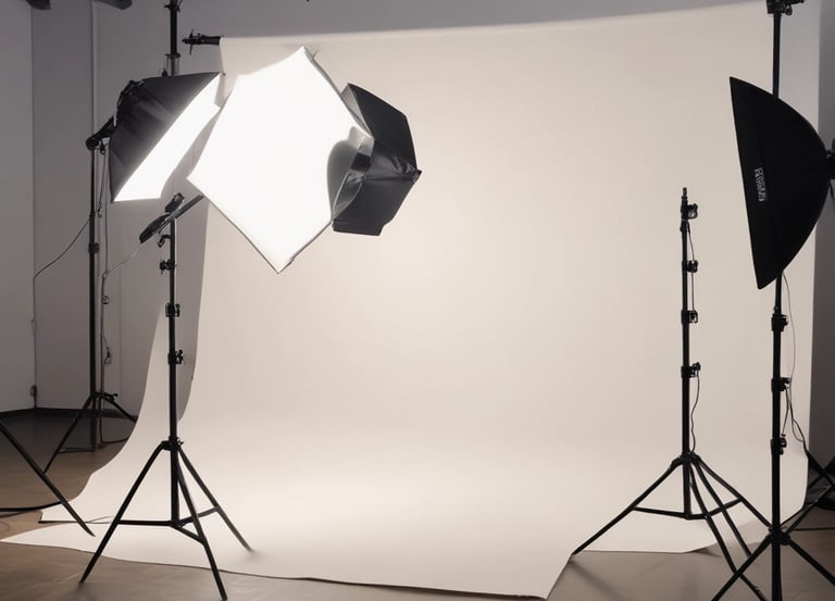 A professional photoshoot setup with diverse backgrounds and a camera capturing branding images.