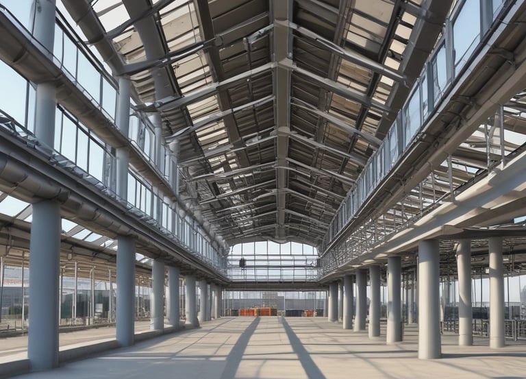 Modern civil engineering office with structural blueprints and inspection tools.