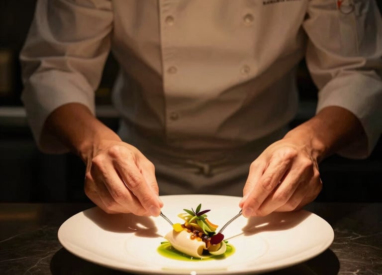 Elegant portrait of a chef meticulously plating a delicate culinary creation in a dimly lit, high-end kitchen, warm golden-hour spotlight on the plate, dark background.