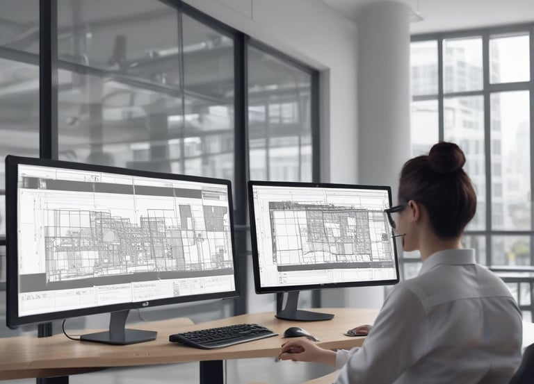 A black and white photo of a desk with two monitors