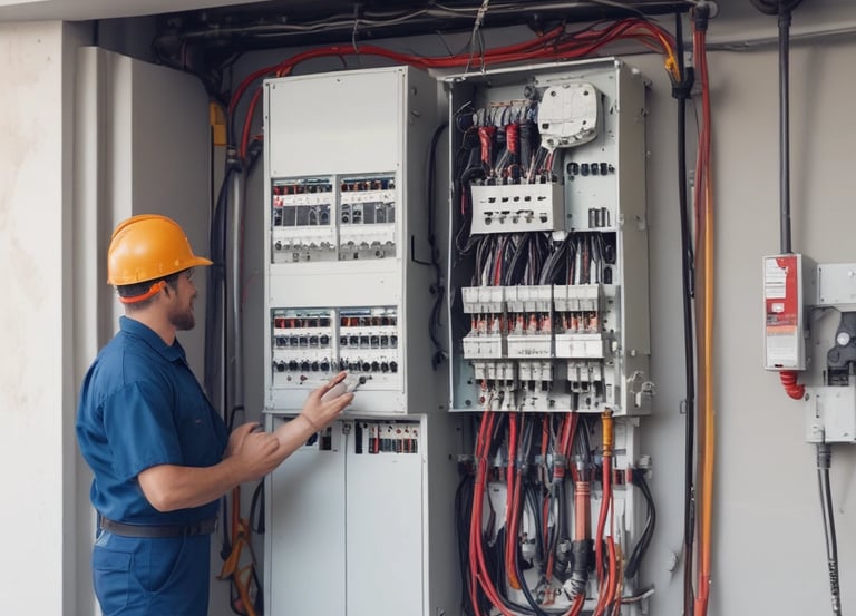 Electrician inspecting a commercial electrical panel in a New York City building.