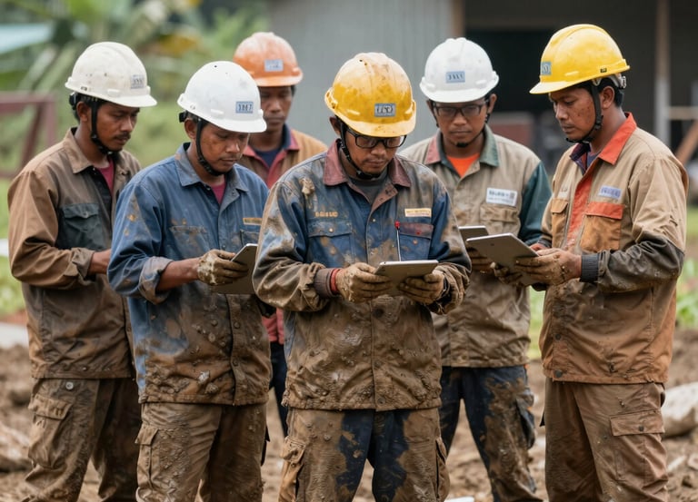 Construction workers collaborating on an industrial site with heavy machinery in the background.