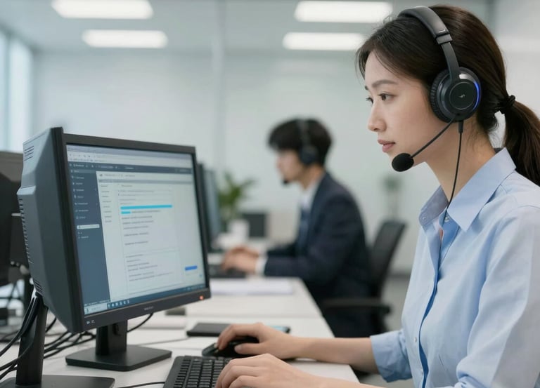 A sleek workspace with multiple monitors displaying code and network diagrams.