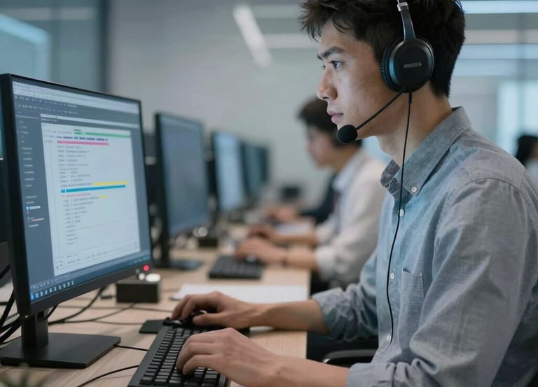 A sleek workspace with multiple monitors displaying code and network diagrams.