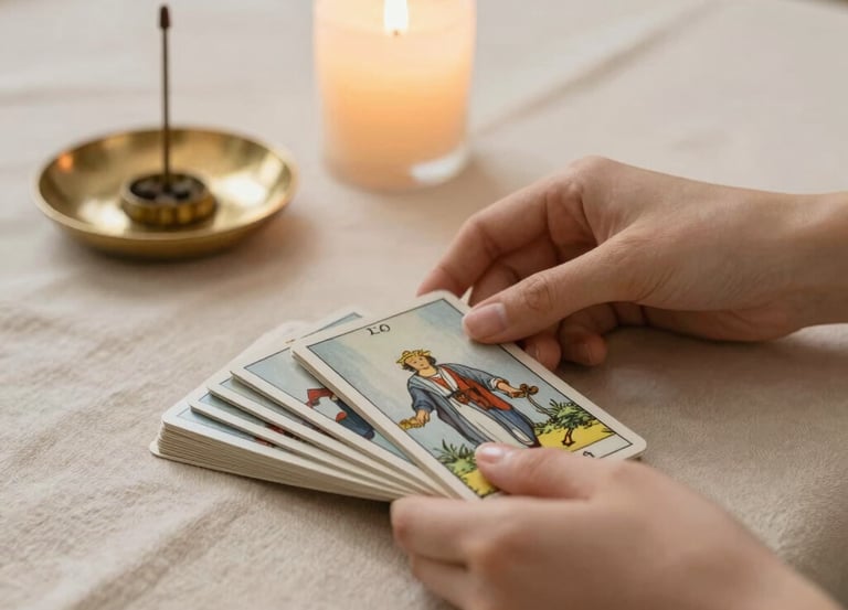 A serene, softly lit tarot card spread on a minimalist wooden table.