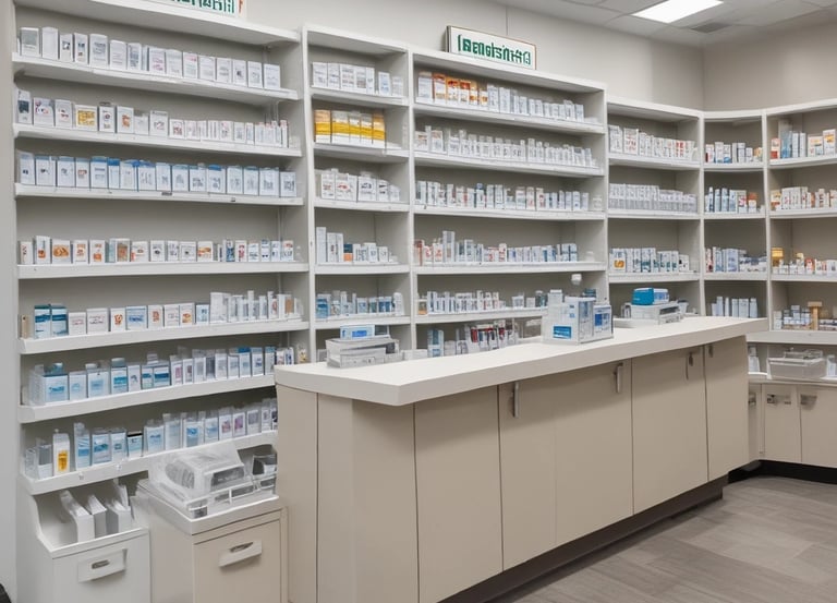 A friendly pharmacist assisting a customer with medication in a bright, modern pharmacy setting.