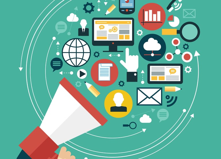 Colorful graphic featuring different icons related to being online.