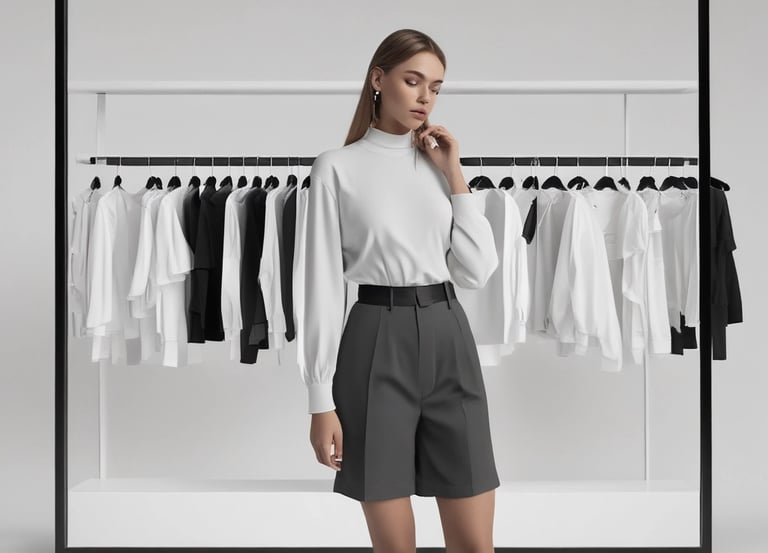 A cozy minimalist outfit laid out on a wooden table with soft natural light.