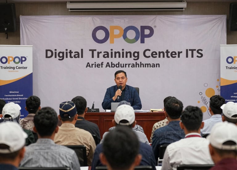 A vibrant training session with pesantren participants engaged in hands-on activities, featuring green and blue tones.