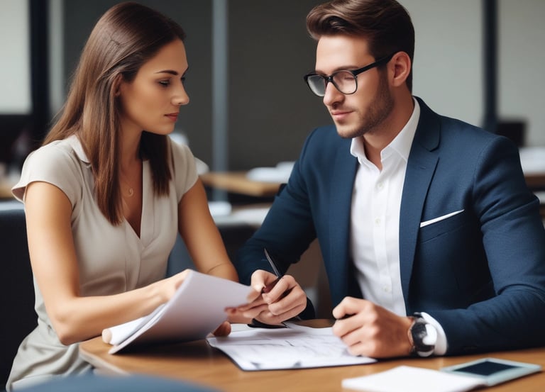 A professional advisor discussing financial plans with a small business owner in a cozy office.