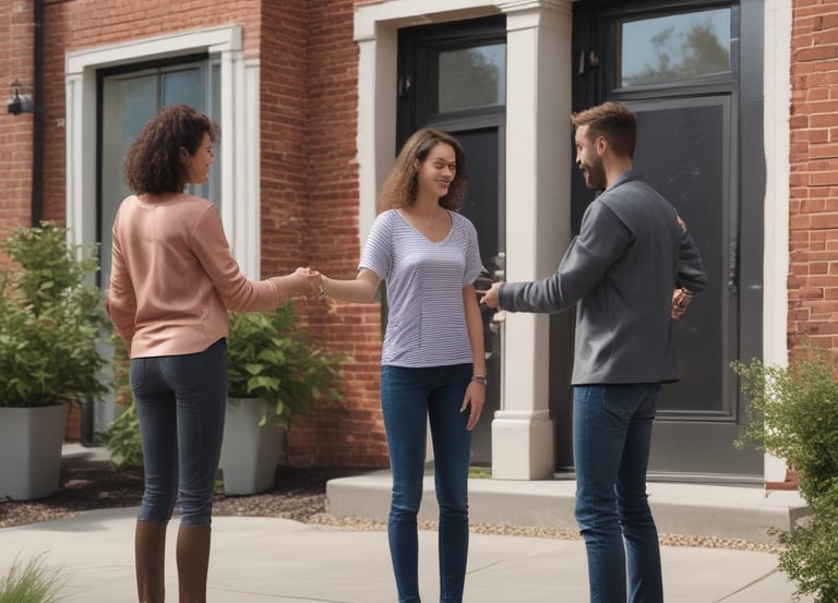 A friendly real estate agent couple discussing property options with clients in a cozy office.