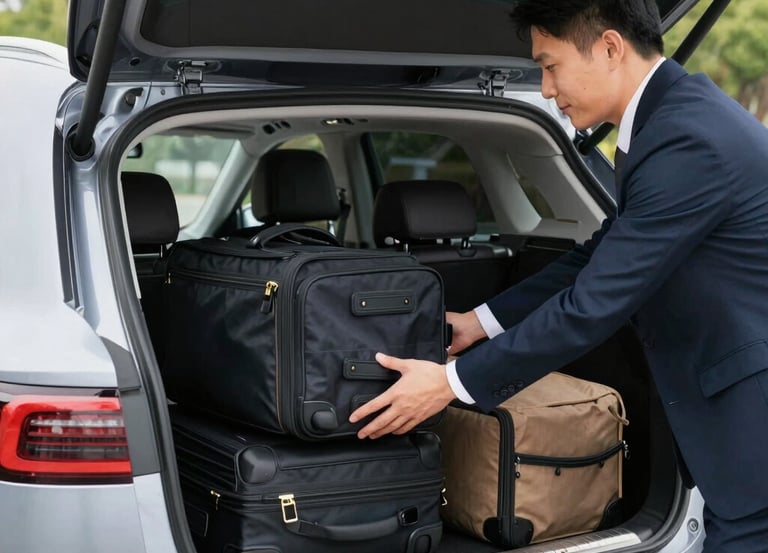 A professional Chinese driver opening car door for a smiling Chinese passenger at Boston Logan Airport.