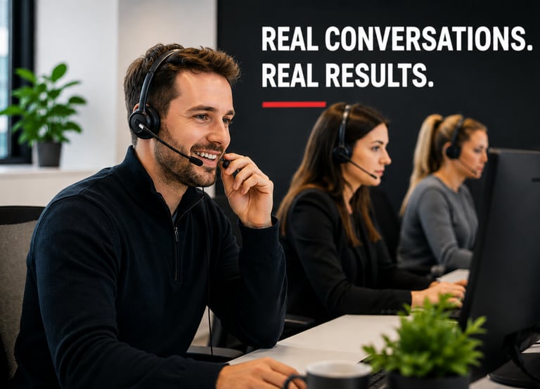 Smiling customer support representative with headset working in a busy call center office.