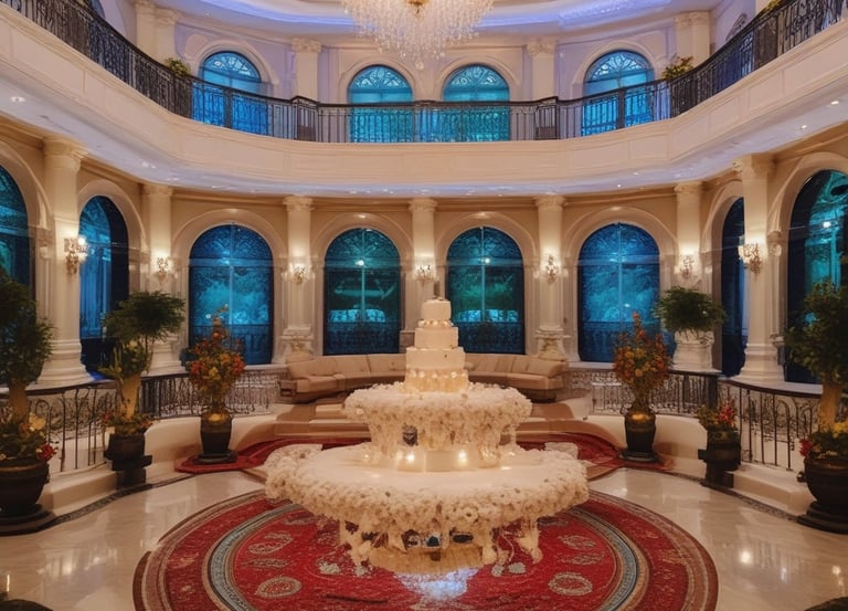 A majestic mansion with sprawling lawns and vintage interiors set up for a wedding celebration.