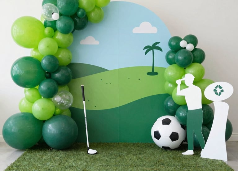 A vibrant inflatable golf simulator set up outdoors at a lively graduation party with guests enjoying the game.