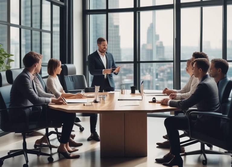 A focused consultant reviewing contracts with a client in a modern office.