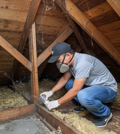 A pest control professional wearing a respirator mask treats an attic for insects near fiberglass insulation.