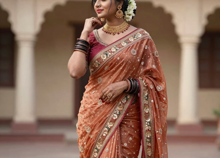 A close-up of an elegant saree draped gracefully with royal blue and gold accents