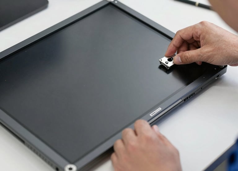 Close-up of a technician carefully replacing a cracked laptop screen with a new, vibrant display.
