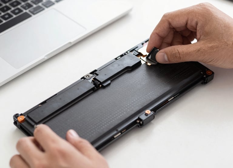 Close-up of a technician replacing a laptop battery with precision and care.