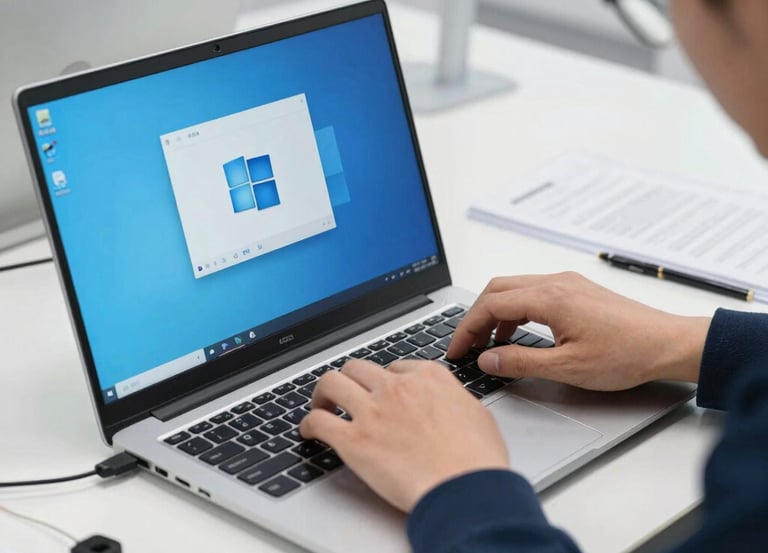 A technician carefully installing Windows 11 on a sleek laptop.