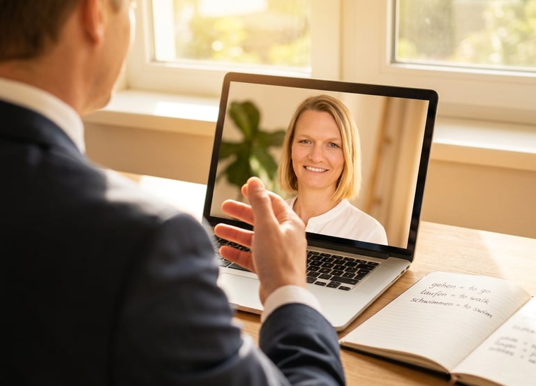 Online-Deutschunterricht: Mann spricht per Videoanruf mit Deutschlehrerin Natascha