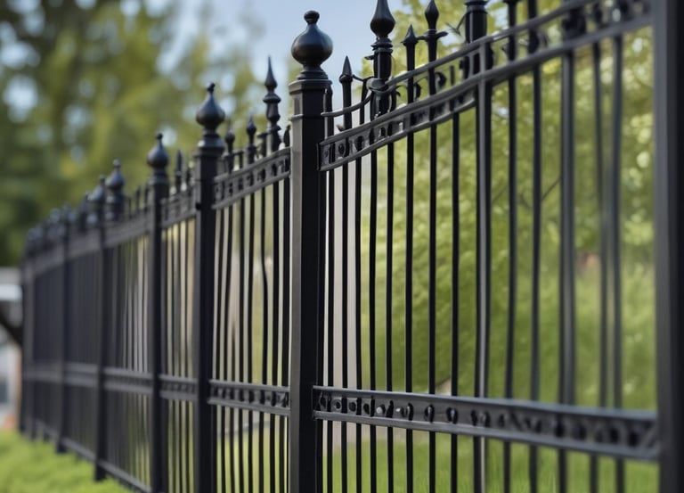 Wrought iron fence with intricate artistic patterns surrounding a garden.