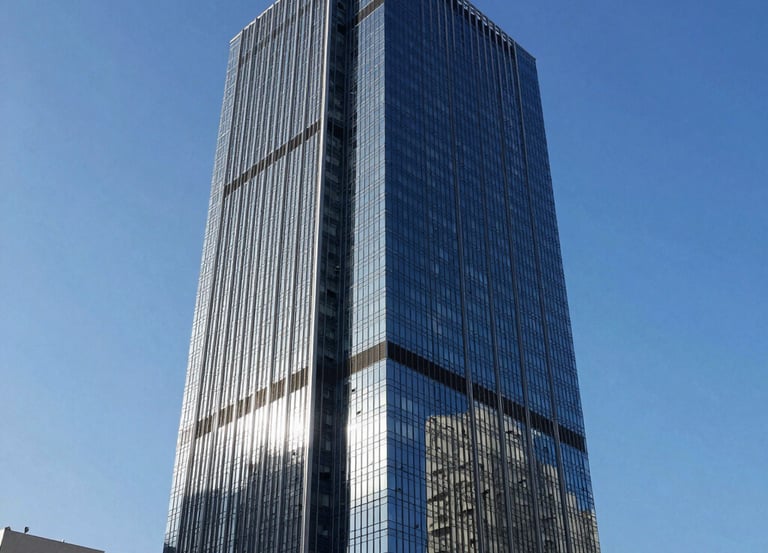 Professional photography of a modern high-rise office building in a Brazilian business district, clear blue sky, sleek glass architecture reflecting the sunlight, professional and trustworthy atmosphere.