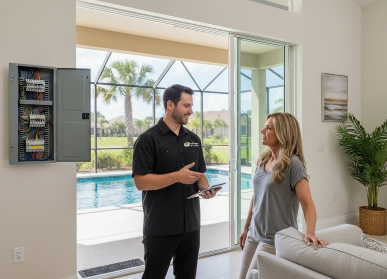 Caloosa Electric technician wearing company logo speaking with a homeowner in a Southwest Florida ho