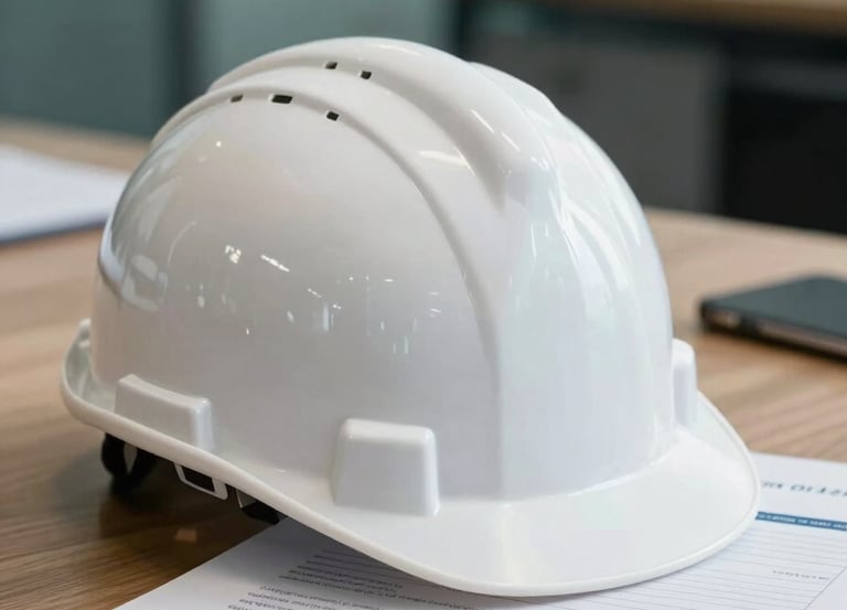 A detailed close-up of a white safety hard hat and professional documents on a wooden desk in a modern Italian office, soft teal accents, clean and professional composition.