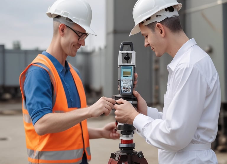 two men in white helmets and safety vests standing in front of a building