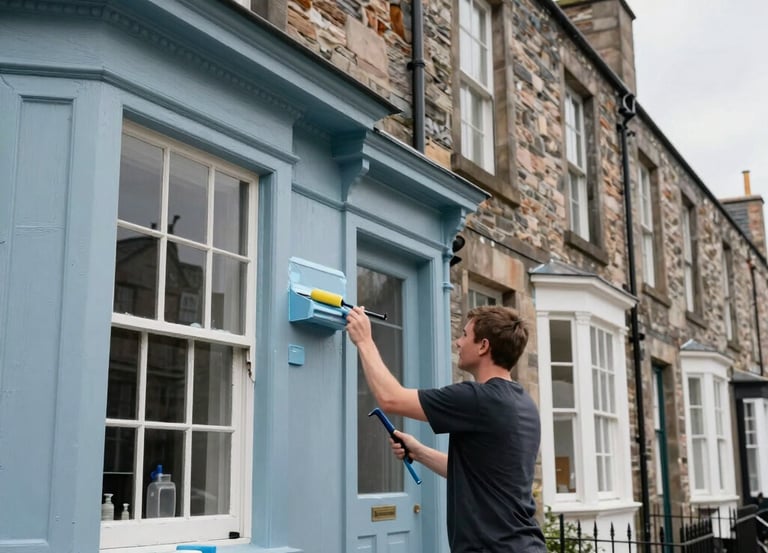 Painter carefully applying fresh paint to a wooden window frame on a traditional Edinburgh property.