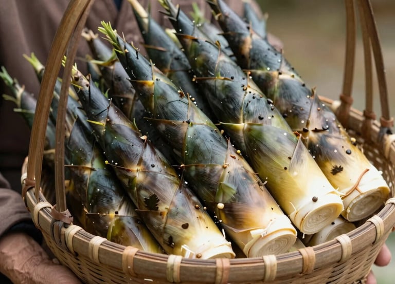 Bamboo stalks vertically rising from a forest floor covered with dry leaves and twigs. The backdrop is filled with lush green foliage, creating a natural and tranquil setting.