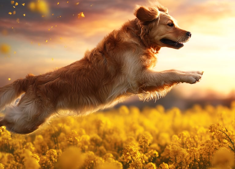 Golden Retriever dans un champ de colza