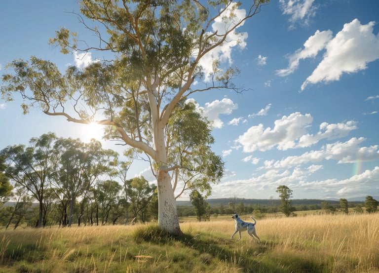 Australian Cattle dog près d'un eucalyptus citronné
