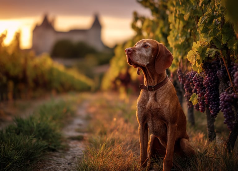 Braque Français assis paisiblement au milieu des vignes