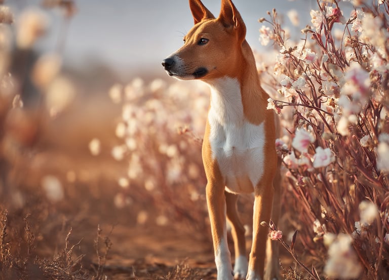 Basenji dans un champ de sésame en fleurs