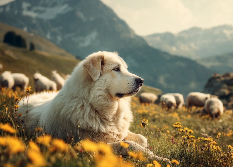Chien patou dans l'arnica